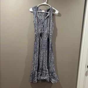 Marabelle Boho sundress in navy/cream patterned cotton with silver threading.